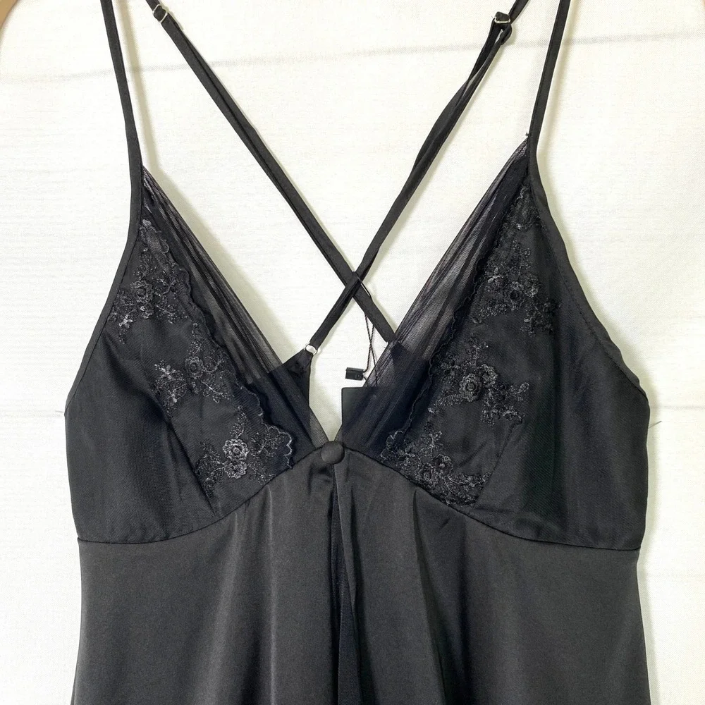 Whimsigoth Babydoll Lingerie Dress Sleepwear Women L Black Lace Trim Romance NWT